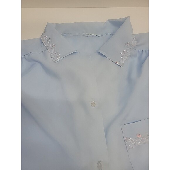 Vtg 80s Secretary Blouse Blue Office Sheer Floral Collar Pocket Sz XL - Picture 12 of 13